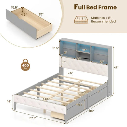 Full Size Bed Frame with Bookcase Headboard and LED Lights-Gray - Gray - Simple Bed Frame