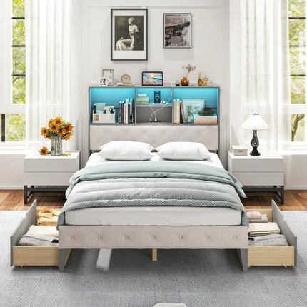 Full Size Bed Frame with Bookcase Headboard and LED Lights-Gray - Gray - Simple Bed Frame