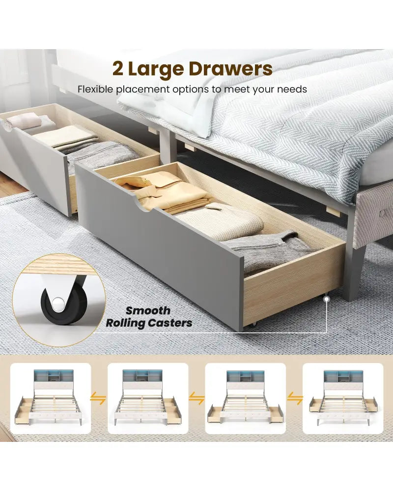 Full Size Bed Frame with Bookcase Headboard and LED Lights-Gray - Gray - Simple Bed Frame