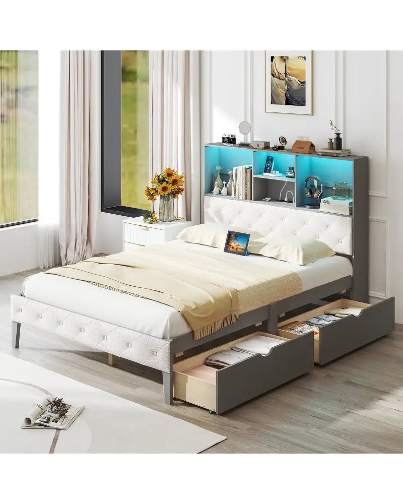 Full Size Bed Frame with Bookcase Headboard and LED Lights-Gray - Gray - Simple Bed Frame