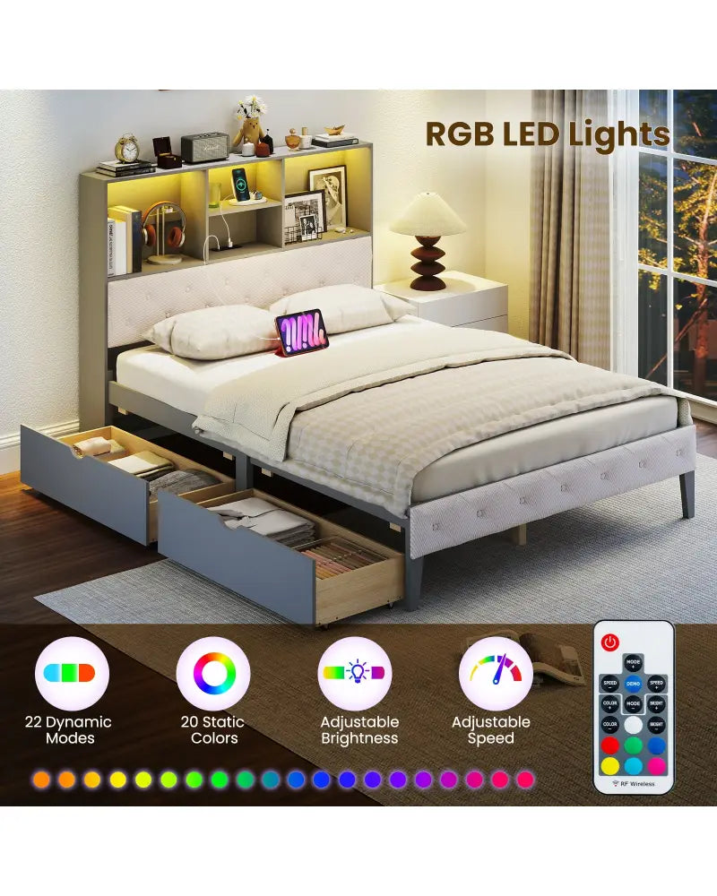 Full Size Bed Frame with Bookcase Headboard and LED Lights-Gray - Gray - Simple Bed Frame