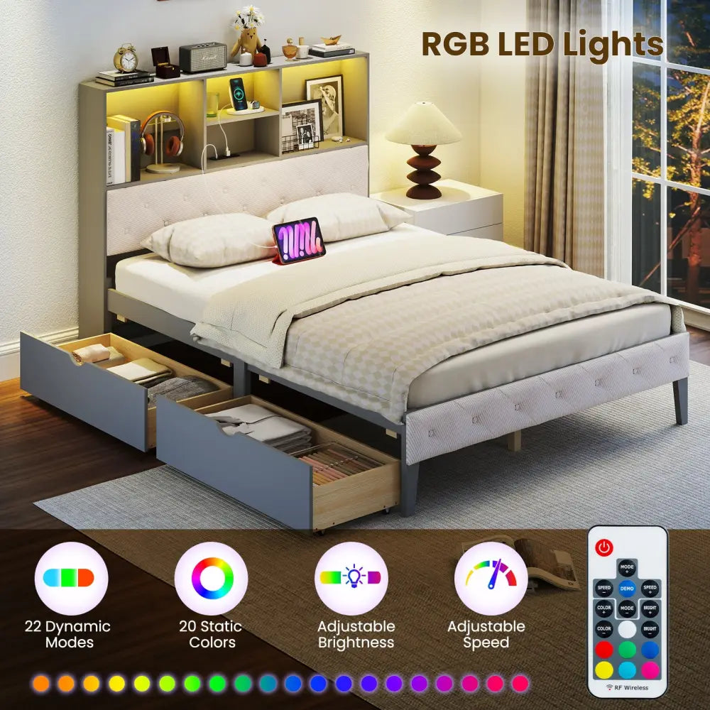 Full Size Bed Frame with Bookcase Headboard and LED Lights-Gray - Gray - Simple Bed Frame