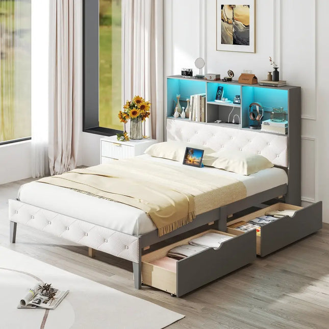 Full Size Bed Frame with Bookcase Headboard and LED Lights-Gray - Gray - Simple Bed Frame