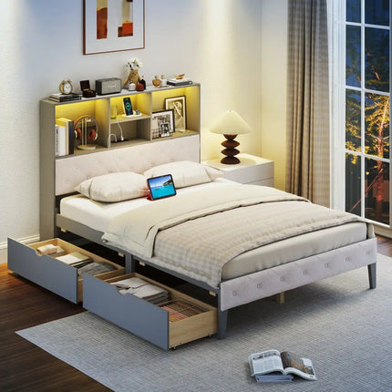 Full Size Bed Frame with Bookcase Headboard and LED Lights-Gray - Gray - Simple Bed Frame
