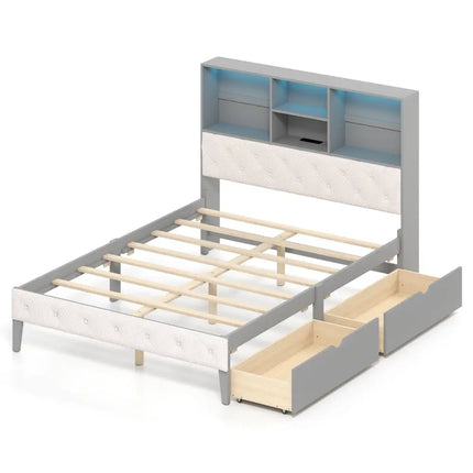 Full Size Bed Frame with Bookcase Headboard and LED Lights-Gray - Gray - Simple Bed Frame