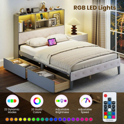 Full Size Bed Frame with Bookcase Headboard and LED Lights-Gray - Gray - Simple Bed Frame