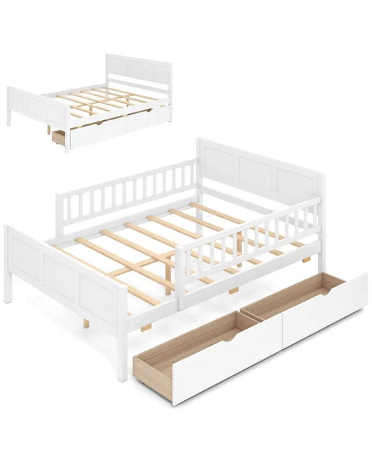 Full Size Bed Frame with Detachable Guardrails White - White - Trundle Bed Frame