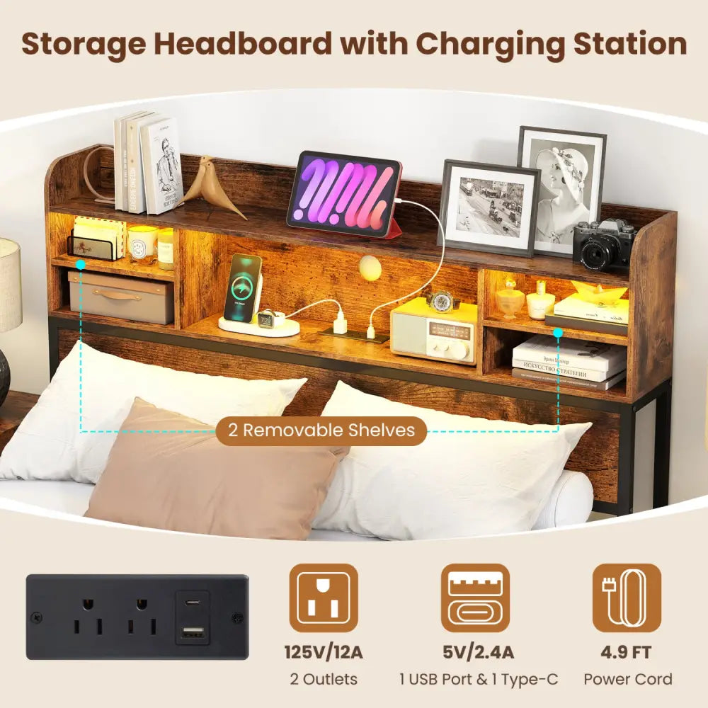 Full Size Bed Frame with Headboard LED Lights and Charging Station-Rustic Brown - Rustic Brown - Simple Bed Frame