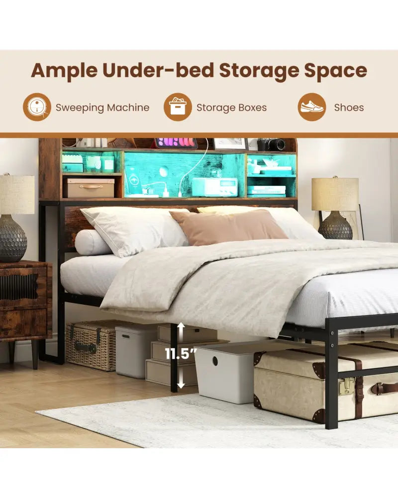 Full Size Bed Frame with Headboard LED Lights and Charging Station-Rustic Brown - Rustic Brown - Simple Bed Frame