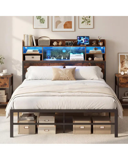 Full Size Bed Frame with Headboard LED Lights and Charging Station-Rustic Brown - Rustic Brown - Simple Bed Frame
