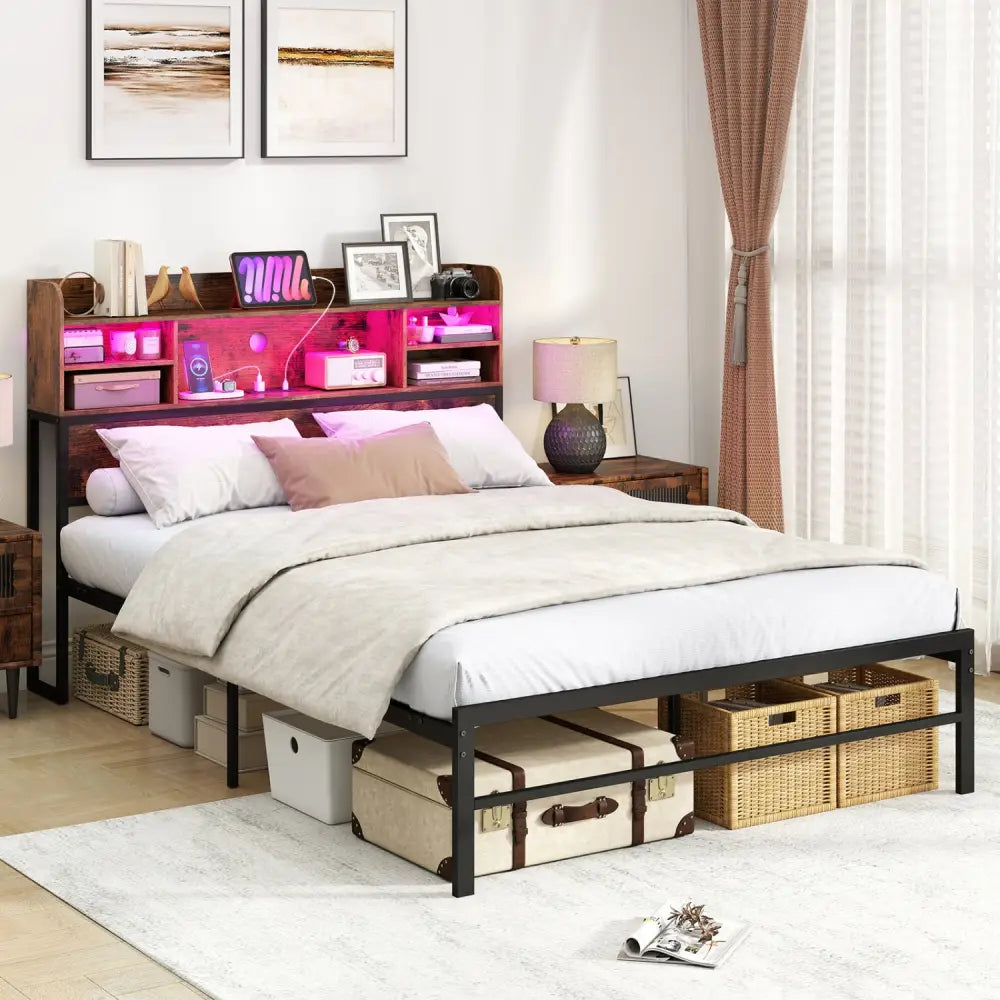 Full Size Bed Frame with Headboard LED Lights and Charging Station-Rustic Brown - Rustic Brown - Simple Bed Frame
