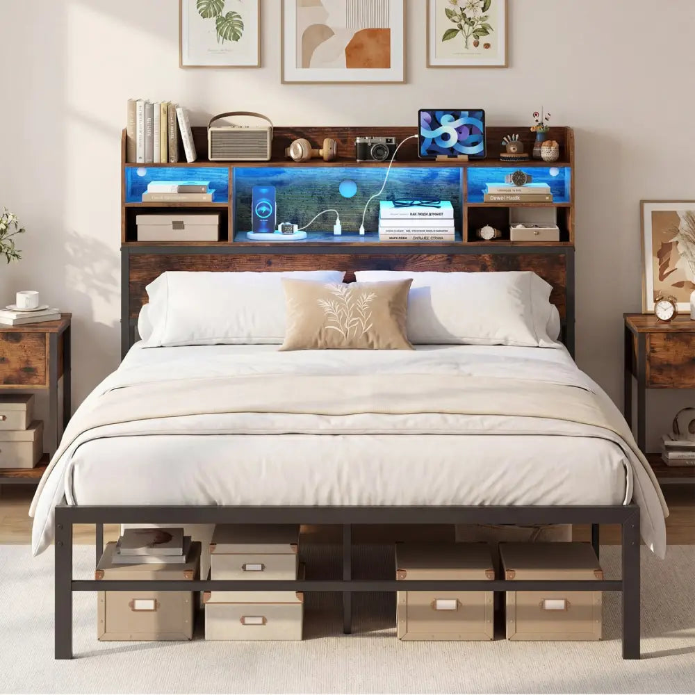 Full Size Bed Frame with Headboard LED Lights and Charging Station-Rustic Brown - Rustic Brown - Simple Bed Frame