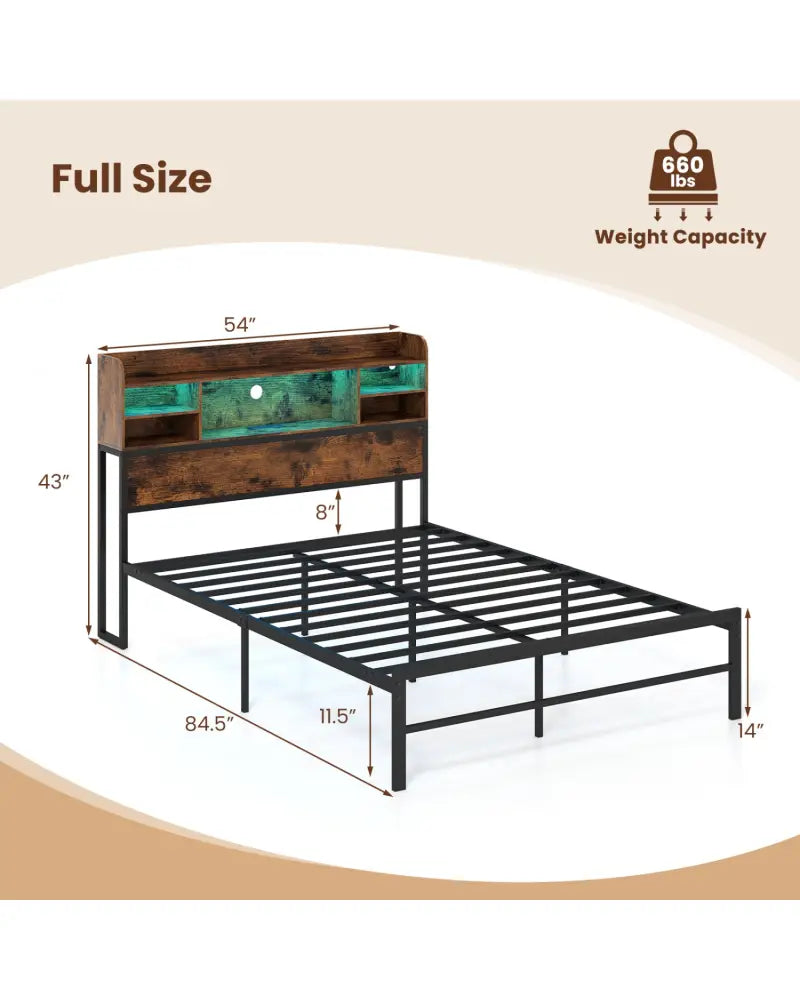 Full Size Bed Frame with Headboard LED Lights and Charging Station-Rustic Brown - Rustic Brown - Simple Bed Frame