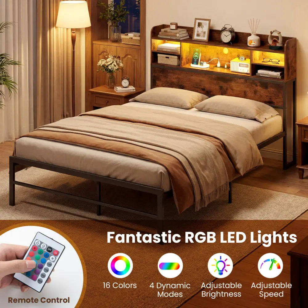 Full Size Bed Frame with Headboard LED Lights and Charging Station-Rustic Brown - Rustic Brown - Simple Bed Frame