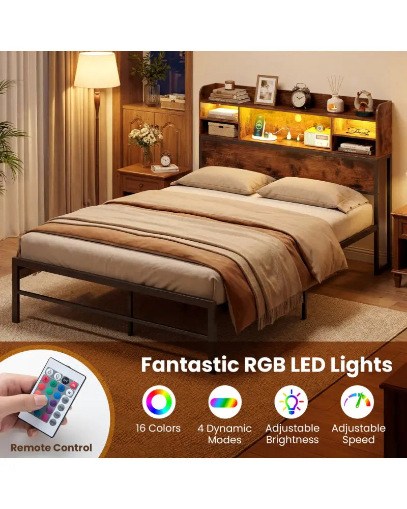 Full Size Bed Frame with Headboard LED Lights and Charging Station-Rustic Brown - Rustic Brown - Simple Bed Frame