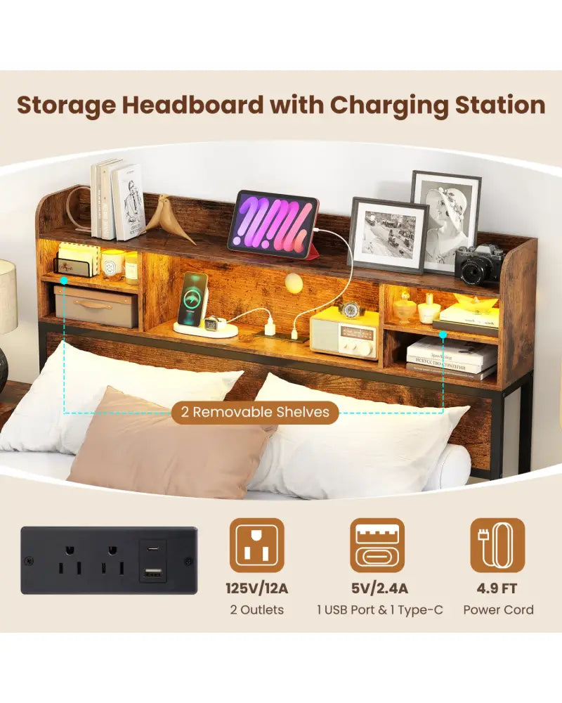 Full Size Bed Frame with Headboard LED Lights and Charging Station-Rustic Brown - Rustic Brown - Simple Bed Frame