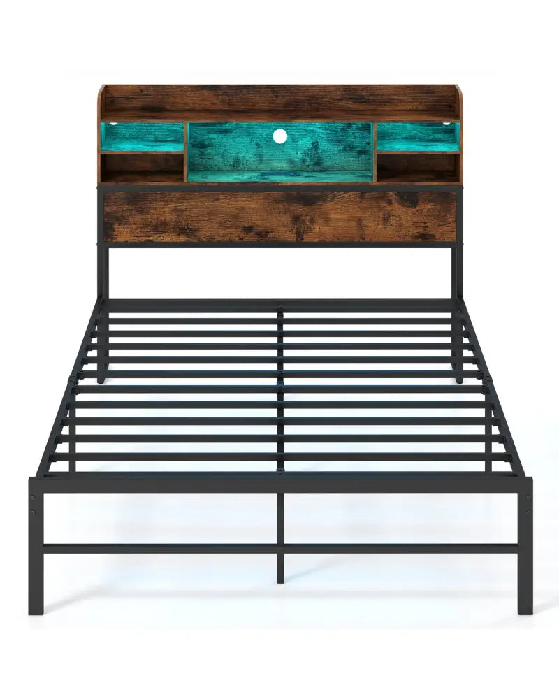Full Size Bed Frame with Headboard LED Lights and Charging Station-Rustic Brown - Rustic Brown - Simple Bed Frame