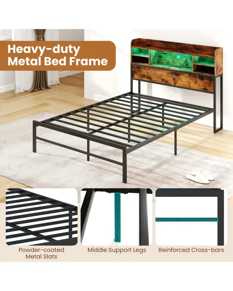 Full Size Bed Frame with Headboard LED Lights and Charging Station-Rustic Brown - Rustic Brown - Simple Bed Frame