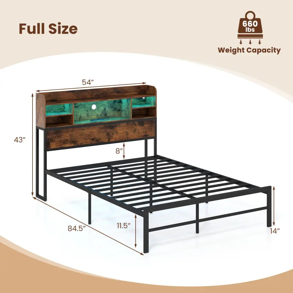 Full Size Bed Frame with Headboard LED Lights and Charging Station-Rustic Brown - Rustic Brown - Simple Bed Frame