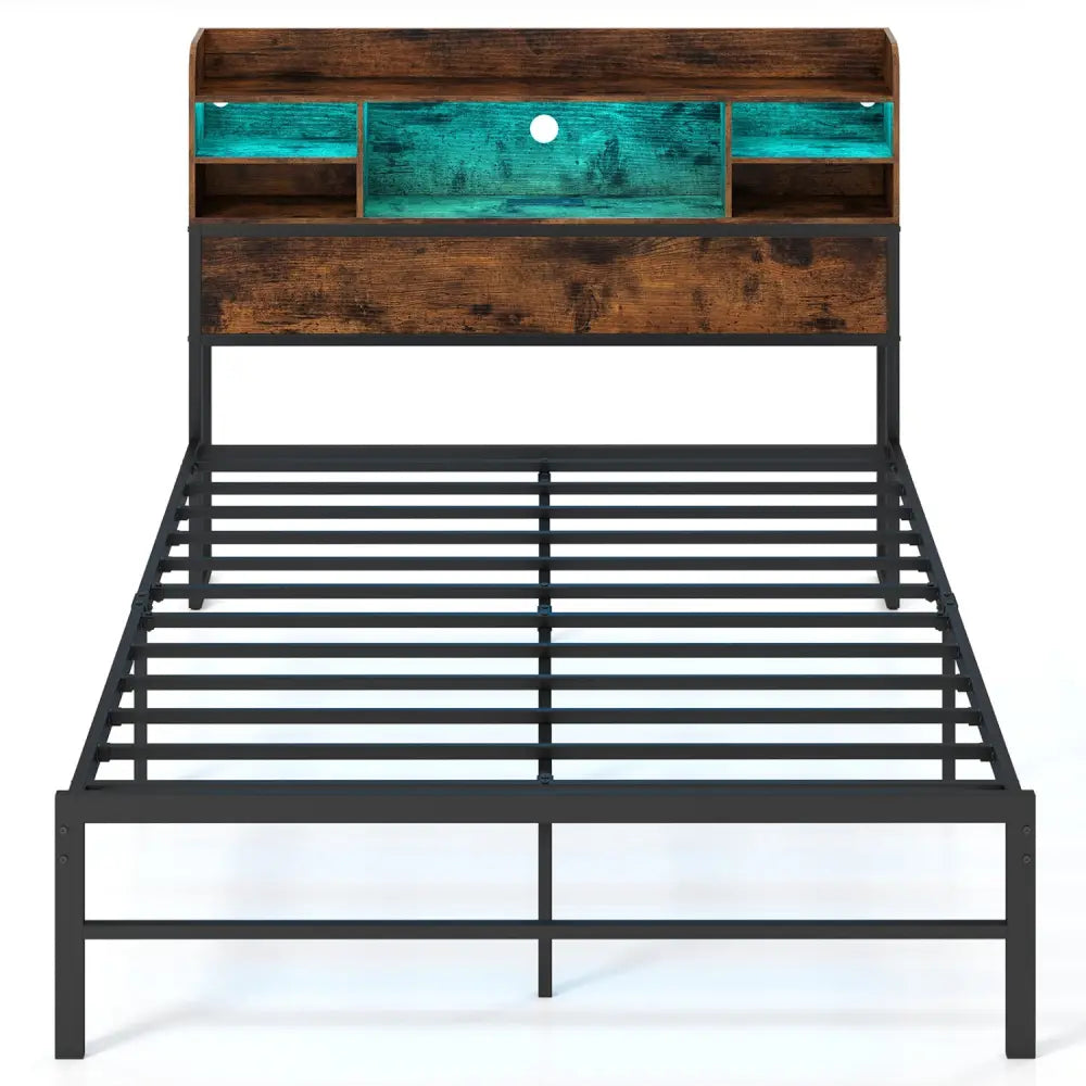 Full Size Bed Frame with Headboard LED Lights and Charging Station-Rustic Brown - Rustic Brown - Simple Bed Frame