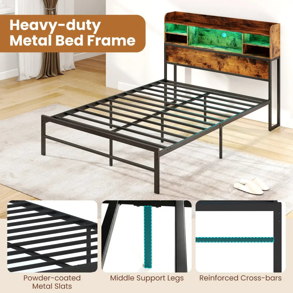 Full Size Bed Frame with Headboard LED Lights and Charging Station-Rustic Brown - Rustic Brown - Simple Bed Frame