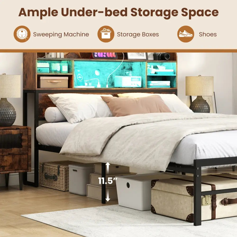 Full Size Bed Frame with Headboard LED Lights and Charging Station-Rustic Brown - Rustic Brown - Simple Bed Frame