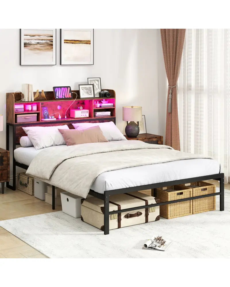 Full Size Bed Frame with Headboard LED Lights and Charging Station-Rustic Brown - Rustic Brown - Simple Bed Frame