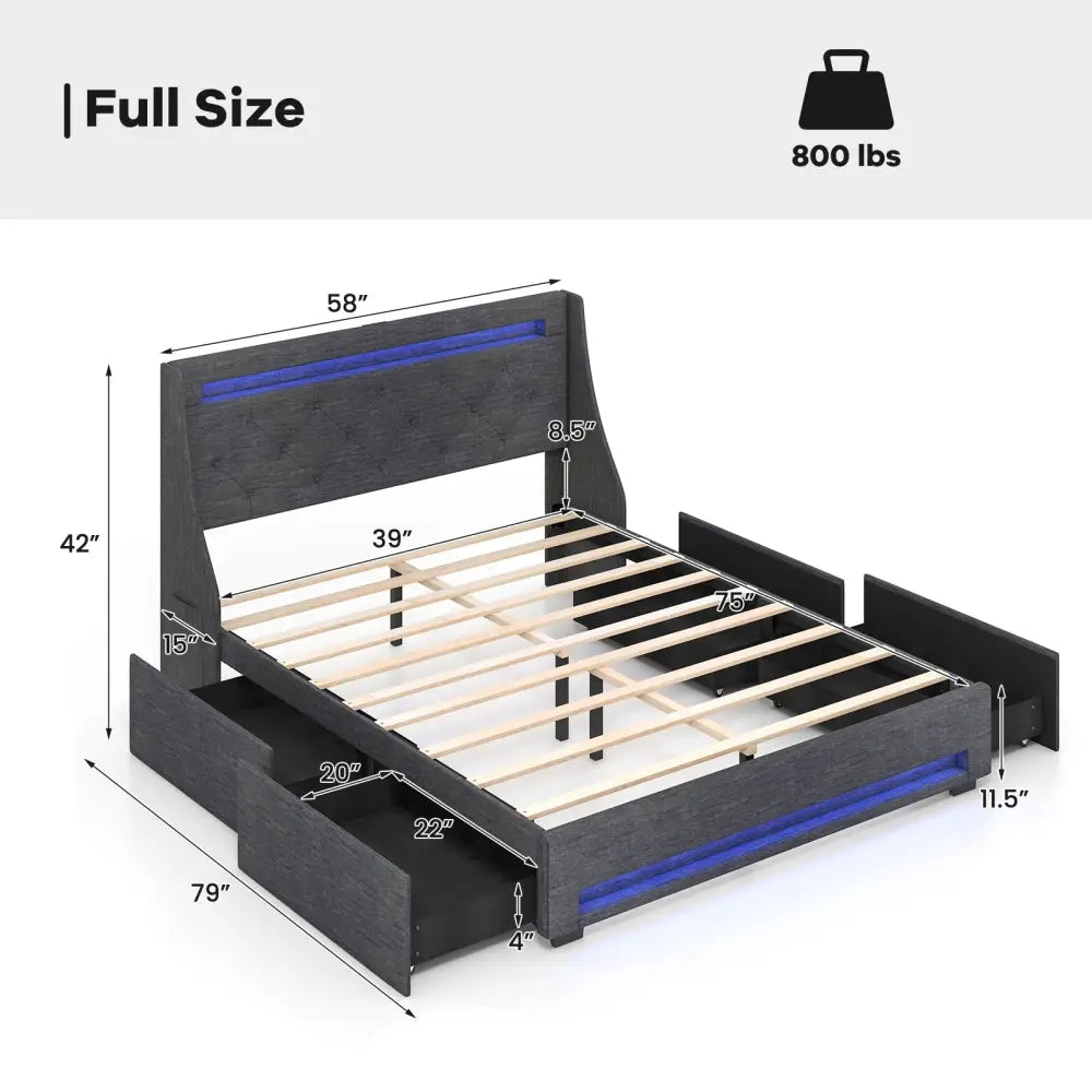 Full Size Bed Frame with LED Lights Wingback Headboard and Charging Station-Grey - Gray - Simple Bed Frame