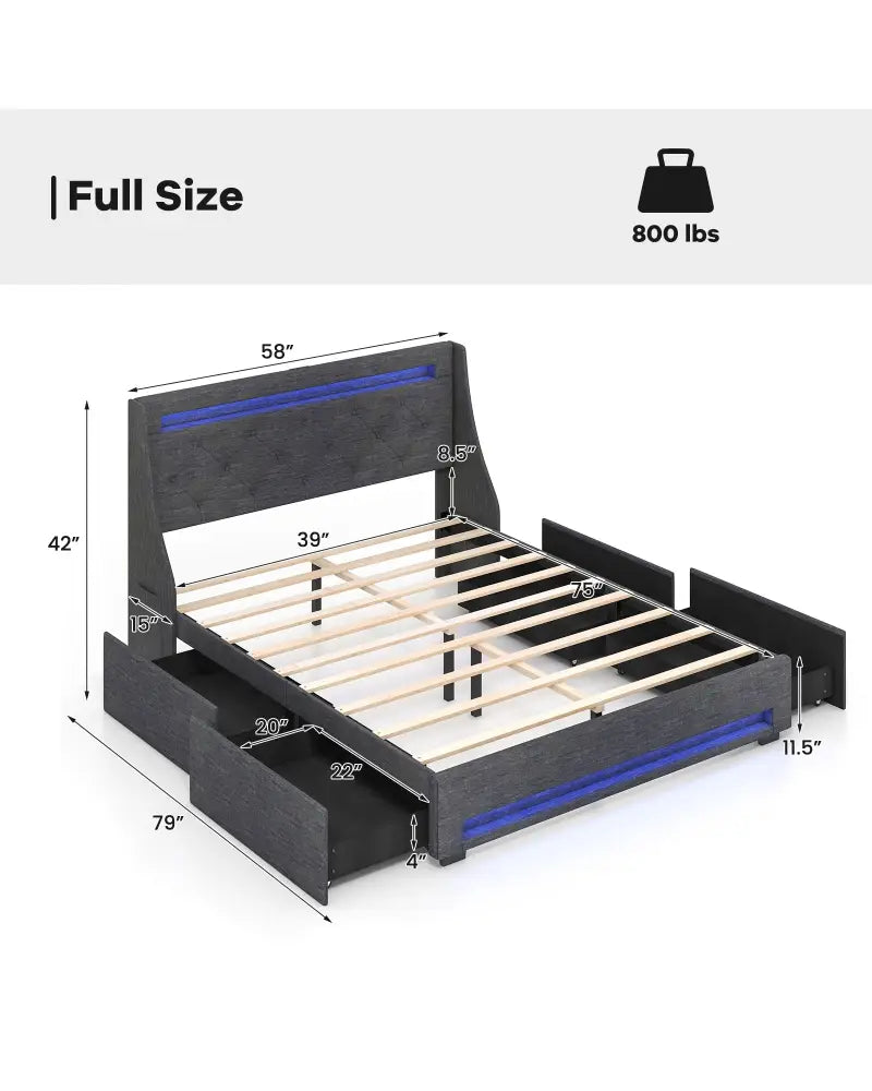 Full Size Bed Frame with LED Lights Wingback Headboard and Charging Station-Grey - Gray - Simple Bed Frame
