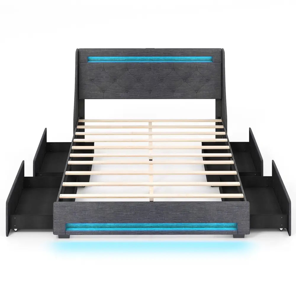 Full Size Bed Frame with LED Lights Wingback Headboard and Charging Station-Grey - Gray - Simple Bed Frame