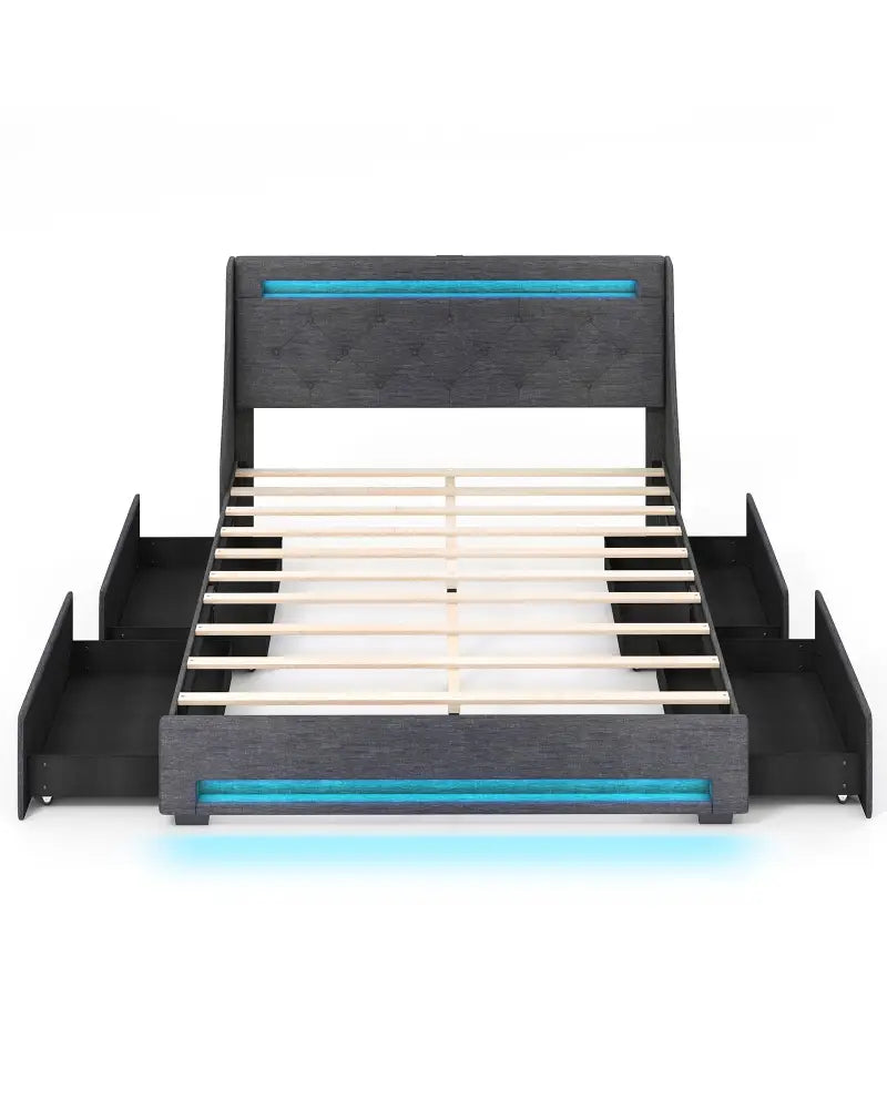 Full Size Bed Frame with LED Lights Wingback Headboard and Charging Station-Grey - Gray - Simple Bed Frame