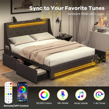 Full Size Bed Frame with LED Lights Wingback Headboard and Charging Station-Grey - Gray - Simple Bed Frame