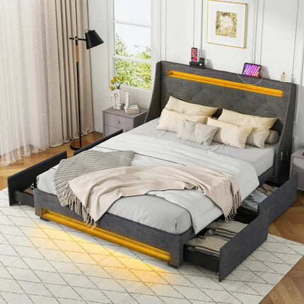 Full Size Bed Frame with LED Lights Wingback Headboard and Charging Station-Grey - Gray - Simple Bed Frame
