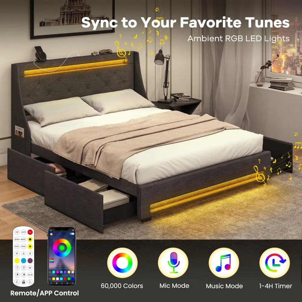 Full Size Bed Frame with LED Lights Wingback Headboard and Charging Station-Grey - Gray - Simple Bed Frame