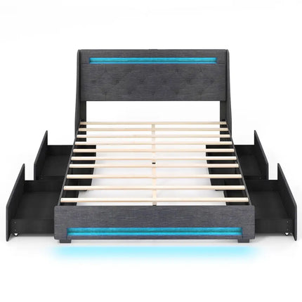Full Size Bed Frame with LED Lights Wingback Headboard and Charging Station-Grey - Gray - Simple Bed Frame