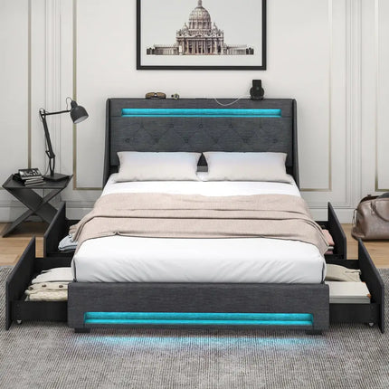 Full Size Bed Frame with LED Lights Wingback Headboard and Charging Station-Grey - Gray - Simple Bed Frame