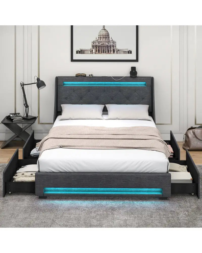Full Size Bed Frame with LED Lights Wingback Headboard and Charging Station-Grey - Gray - Simple Bed Frame