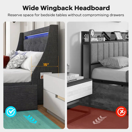 Full Size Bed Frame with LED Lights Wingback Headboard and Charging Station-Grey - Gray - Simple Bed Frame
