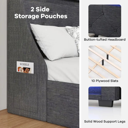 Full Size Bed Frame with LED Lights Wingback Headboard and Charging Station-Grey - Gray - Simple Bed Frame