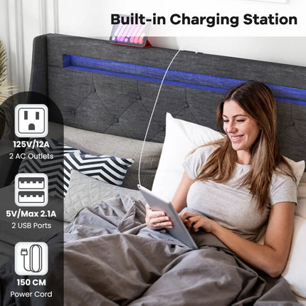 Full Size Bed Frame with LED Lights Wingback Headboard and Charging Station-Grey - Gray - Simple Bed Frame