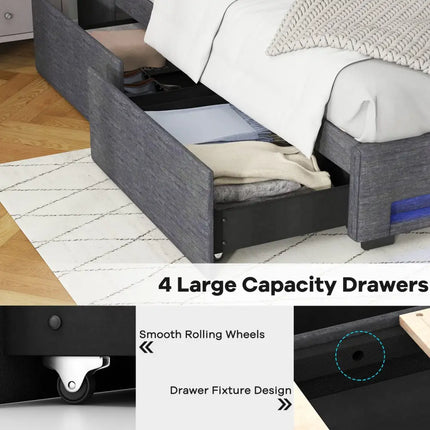 Full Size Bed Frame with LED Lights Wingback Headboard and Charging Station-Grey - Gray - Simple Bed Frame