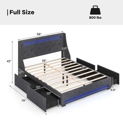 Full Size Bed Frame with LED Lights Wingback Headboard and Charging Station-Grey - Gray - Simple Bed Frame
