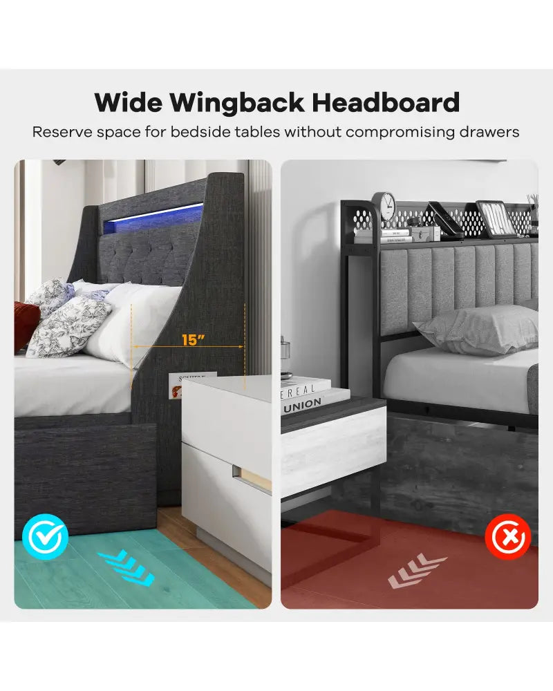 Full Size Bed Frame with LED Lights Wingback Headboard and Charging Station-Grey - Gray - Simple Bed Frame