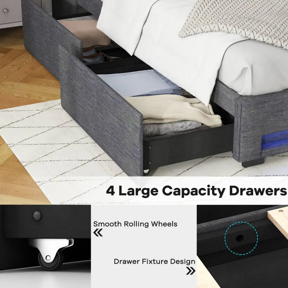 Full Size Bed Frame with LED Lights Wingback Headboard and Charging Station-Grey - Gray - Simple Bed Frame