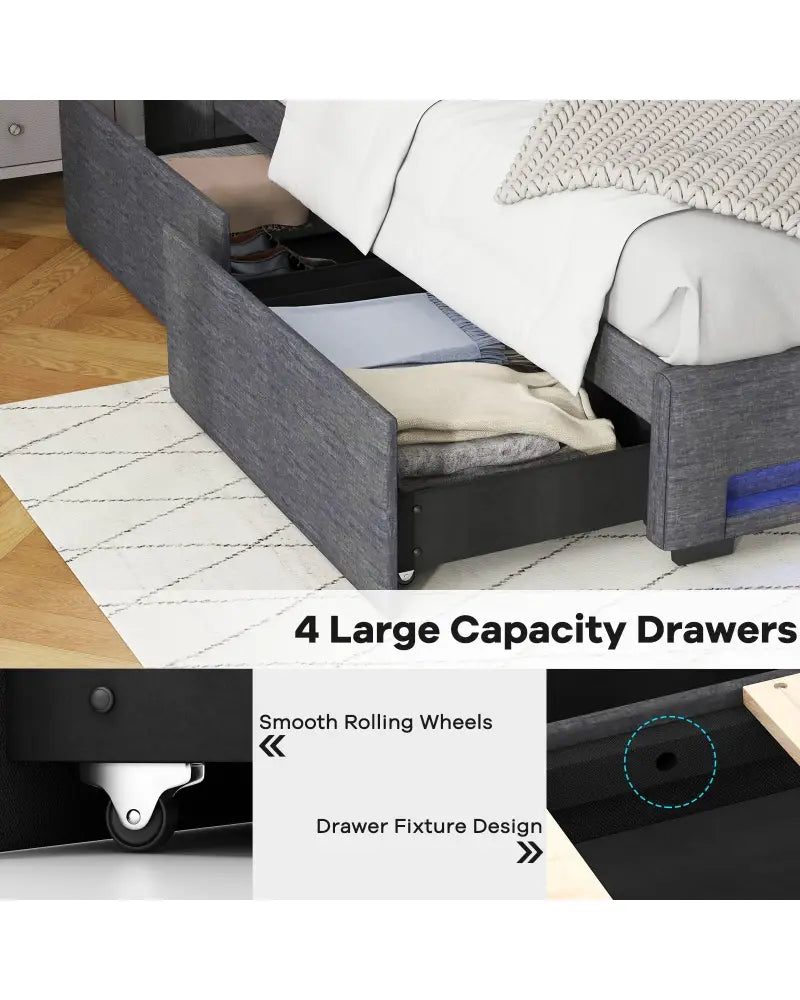 Full Size Bed Frame with LED Lights Wingback Headboard and Charging Station-Grey - Gray - Simple Bed Frame