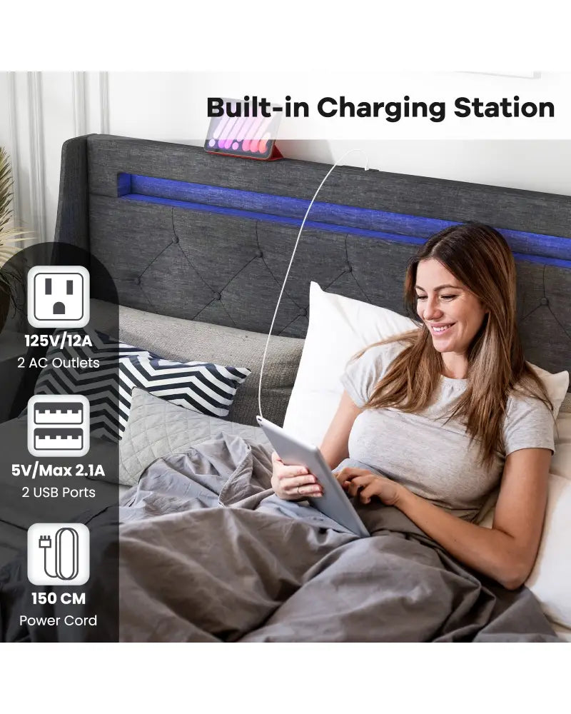 Full Size Bed Frame with LED Lights Wingback Headboard and Charging Station-Grey - Gray - Simple Bed Frame
