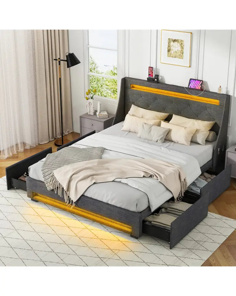Full Size Bed Frame with LED Lights Wingback Headboard and Charging Station-Grey - Gray - Simple Bed Frame