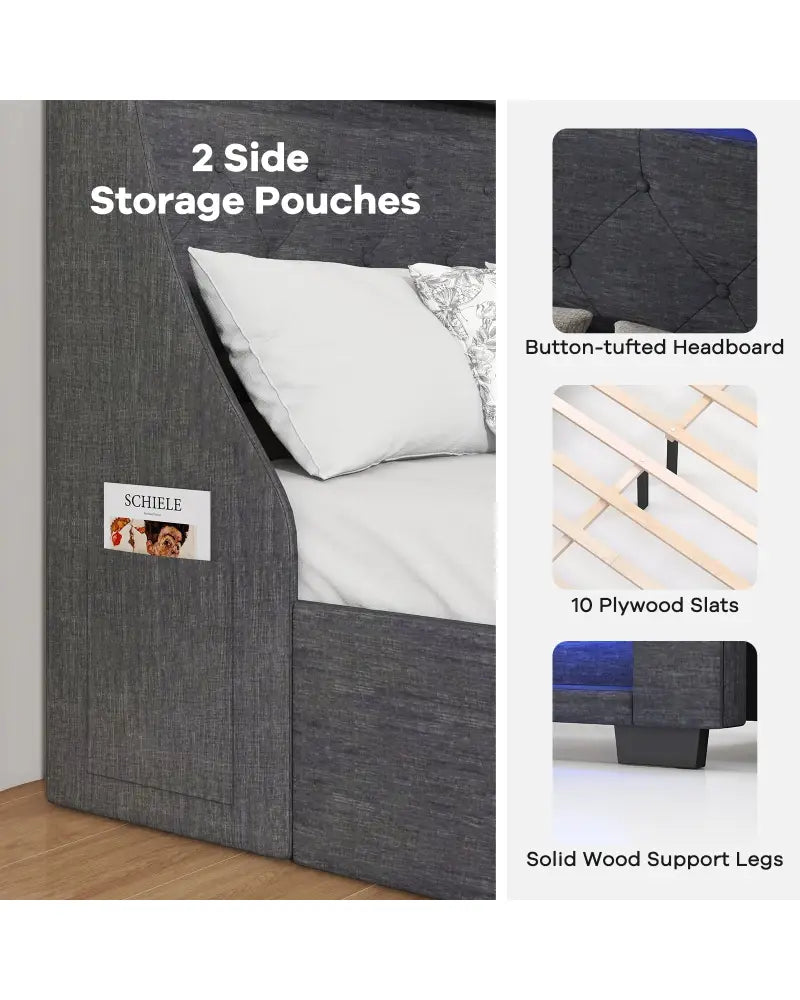 Full Size Bed Frame with LED Lights Wingback Headboard and Charging Station-Grey - Gray - Simple Bed Frame