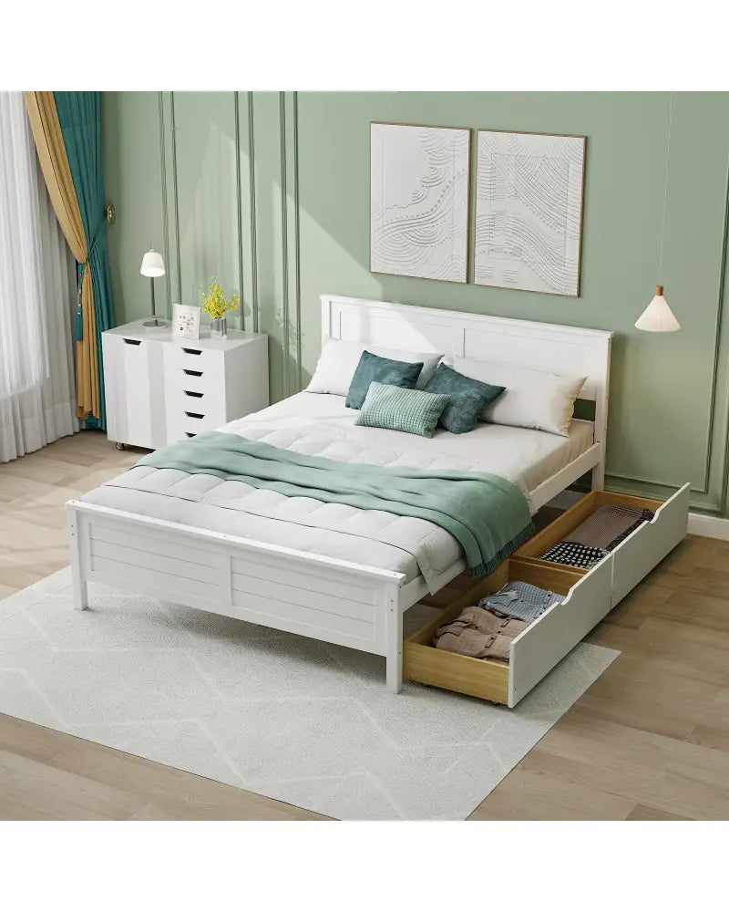 Full Size Bed Frame with Storage Drawers and Solid Wood Headboard-White - White - Simple Bed Frame
