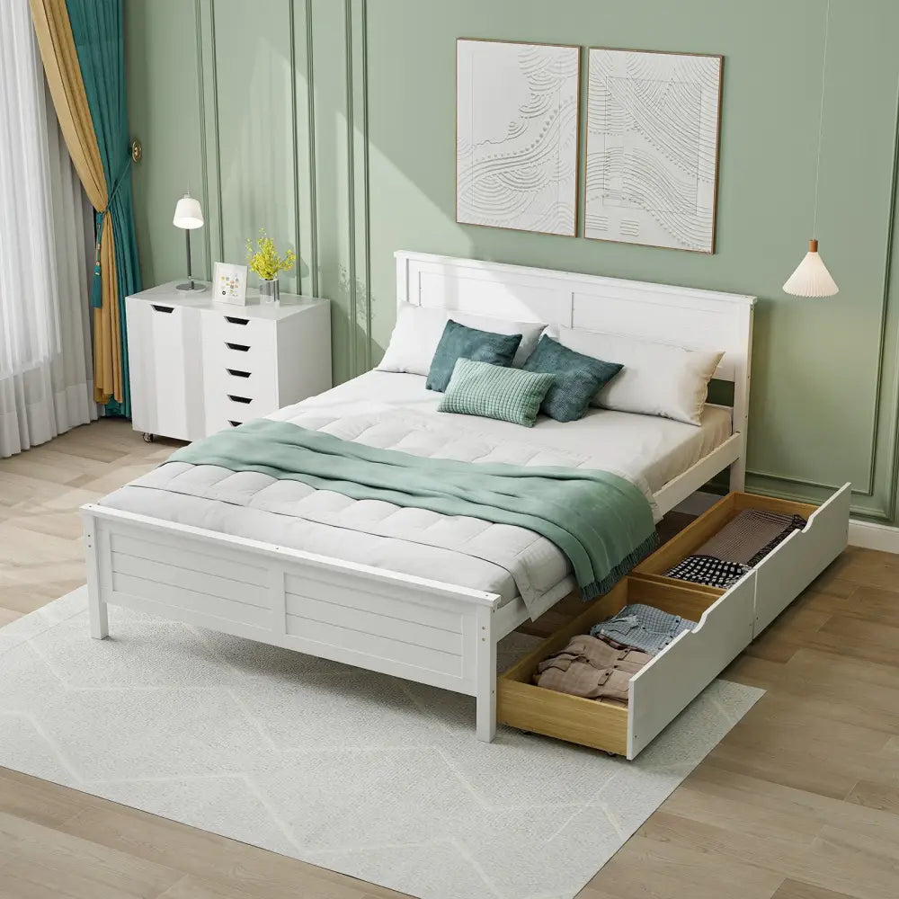 Full Size Bed Frame with Storage Drawers and Solid Wood Headboard-White - White - Simple Bed Frame